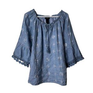 Ali Miles blue linen polka dot embroidered tassel top womens L art to wear
